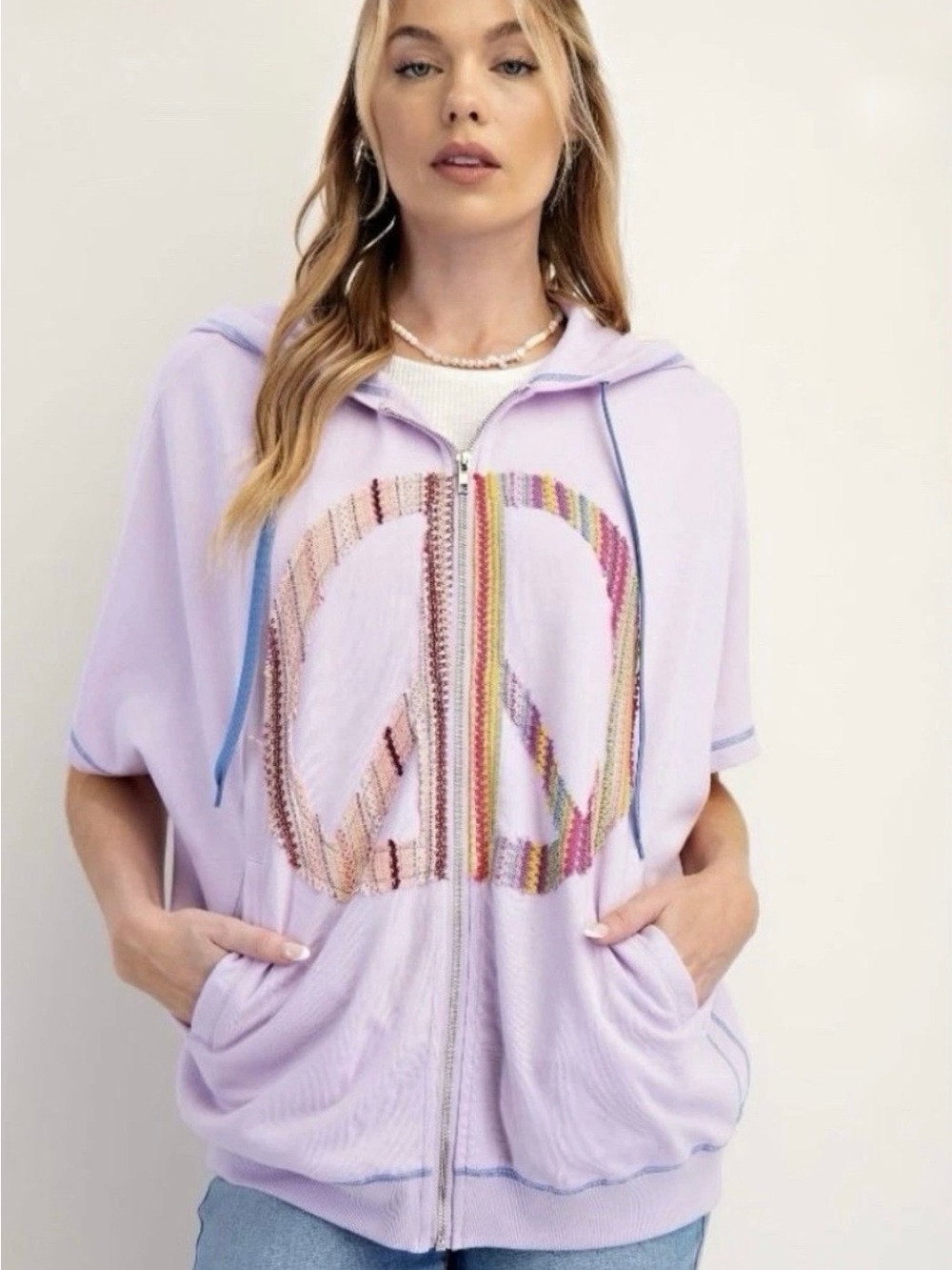 easel Lavender Zip-Front Hoodie with Multicolor Peace Sign
